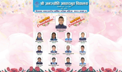 आधारभूत तह (कक्षा ५) को नतिजामा श्री जनज्योति आधारभूत विद्यालय निजगढकै उत्कृष्ट आधारभूत तह (कक्षा ५) को नतिजामा श्री जनज्योति आधारभूत विद्यालय निजगढकै उत्कृष्ट